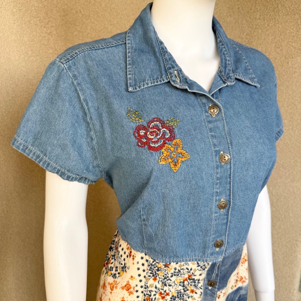 Vintage 90s Patchwork Denim Button Front Dress - image 6